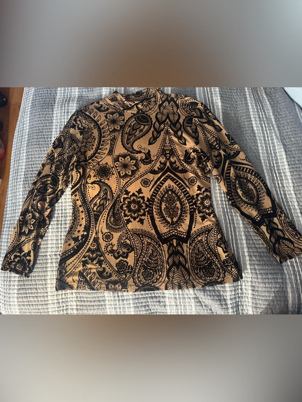 SHEIN Curve black and tan paisley print long sleeve top with mesh detail